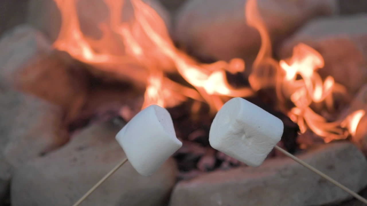 roasting marshmallows over a campfire in the evening light close up with selective focus