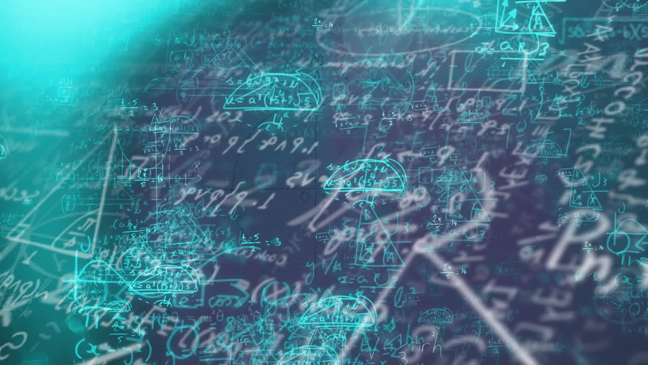 animación de ecuaciones matemáticas flotantes sobre un fondo oscuro