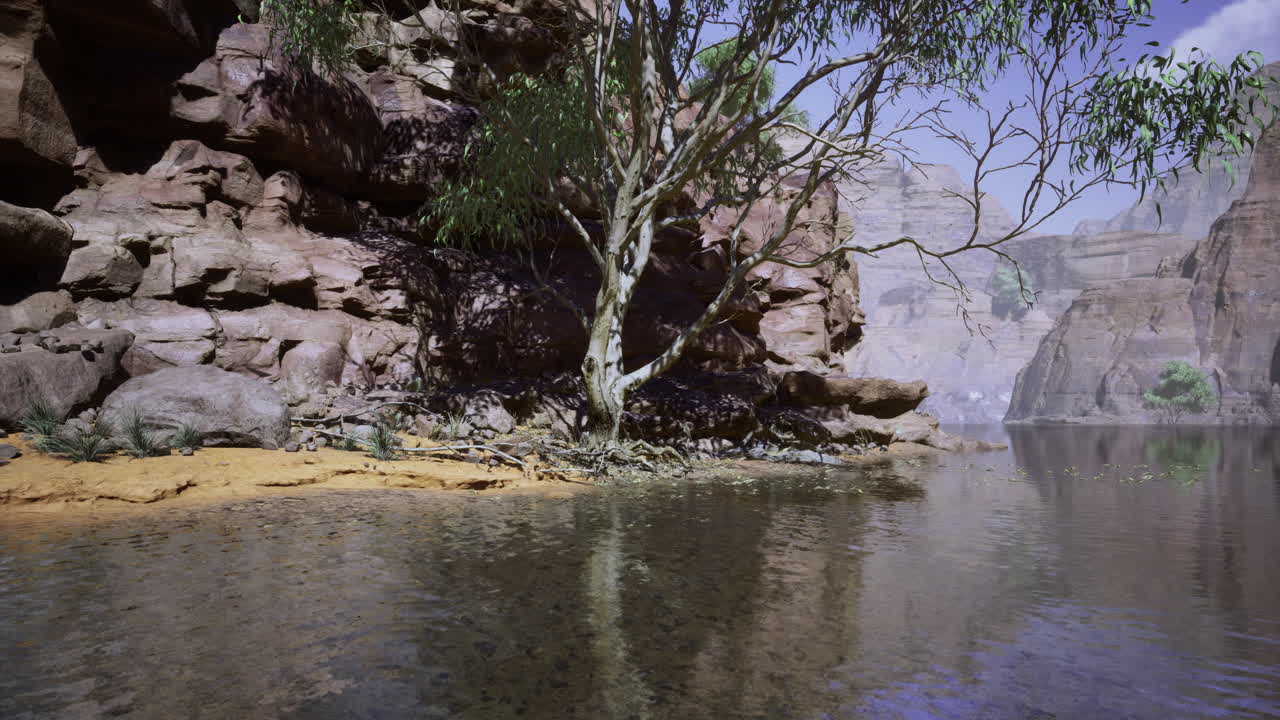 Enchanted riverbank with lush trees reflecting on clear water at dawn