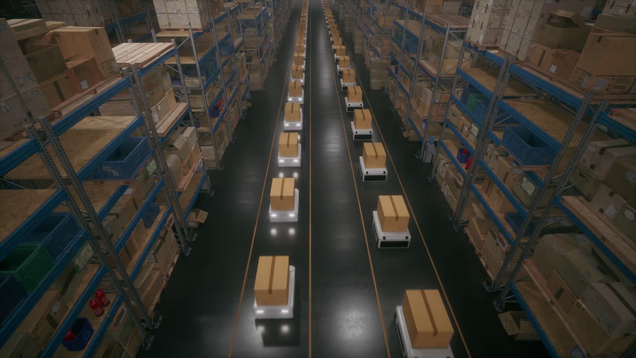 Autonomous Delivery Robots Working In A Modern Warehouse