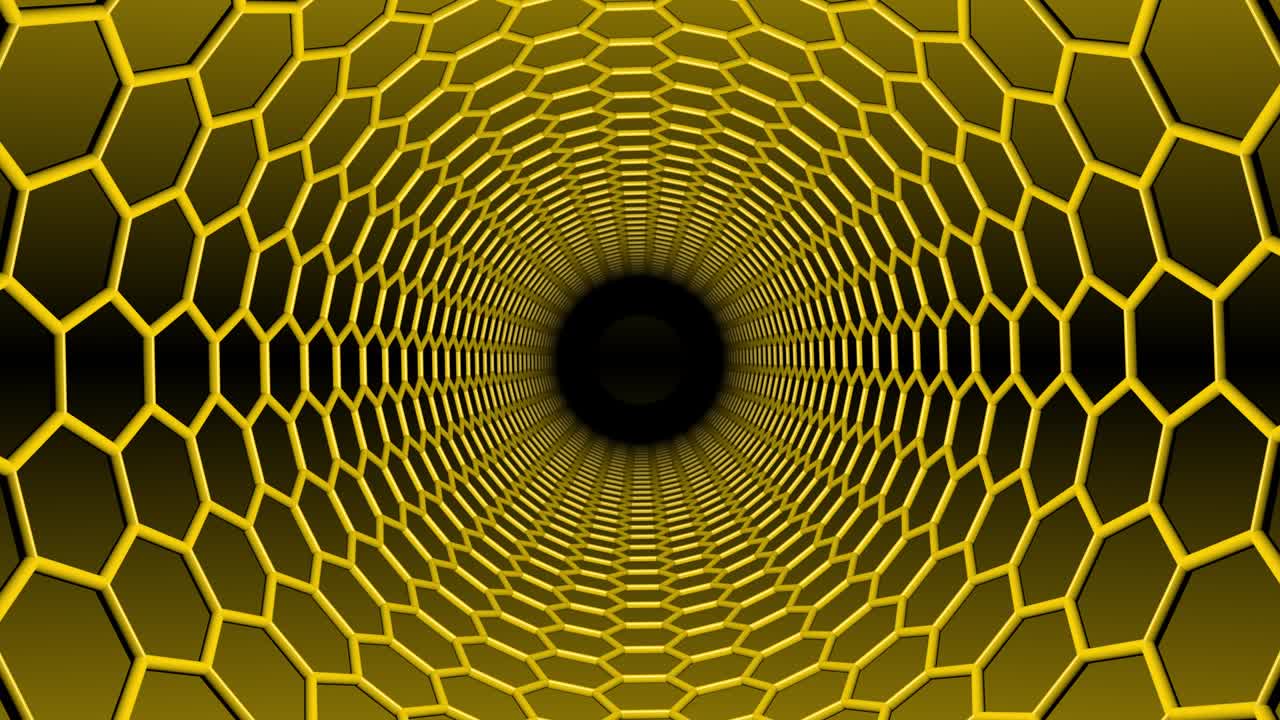 Yellow medium hexagons endless tunnel spin zoom.