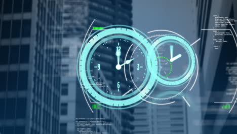 animation of clocks and financial data processing over cityscape