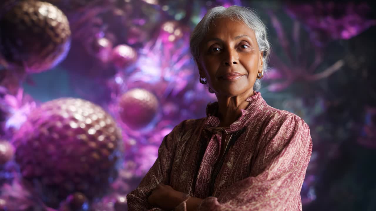 A Portrait of Grace and Wisdom: Capturing the Essence of an Elegant Senior Woman with Silver Hair Against a Backdrop of Vibrant Decorative Elements in a Beautiful Color Palette