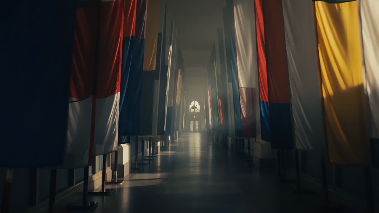 Grand Hallway Lined with Colorful Flags and Distant Light