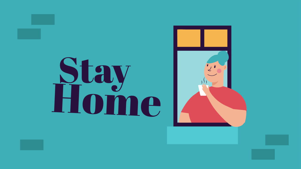 아파트 창문에 있는 여성 집에 머물 캠페인