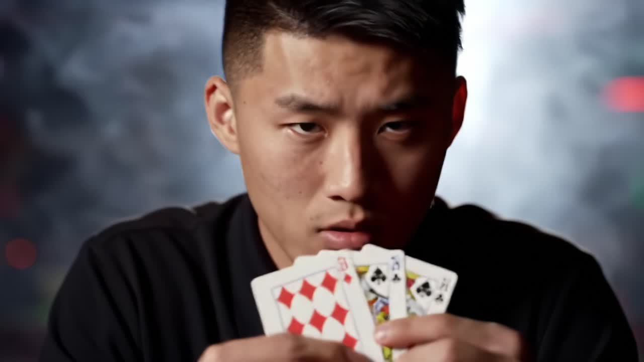 Intense Card Game Showdown: A Focused Player Analyzes His Hand in a High-Stakes Bet as Tension Peaks with Every Move and Expression in the Unfolding Drama