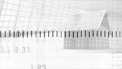monochrome 3d render featuring solar panel house floating over scale bar with grid data overlays