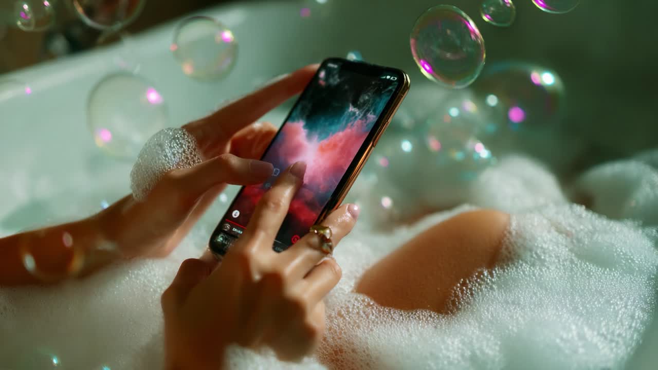 Un momento di relax: catturare una scena tranquilla nella vasca da bagno con bolle e uno smartphone, mostrando il contrasto tra intrattenimento e serenità in un'atmosfera da spa