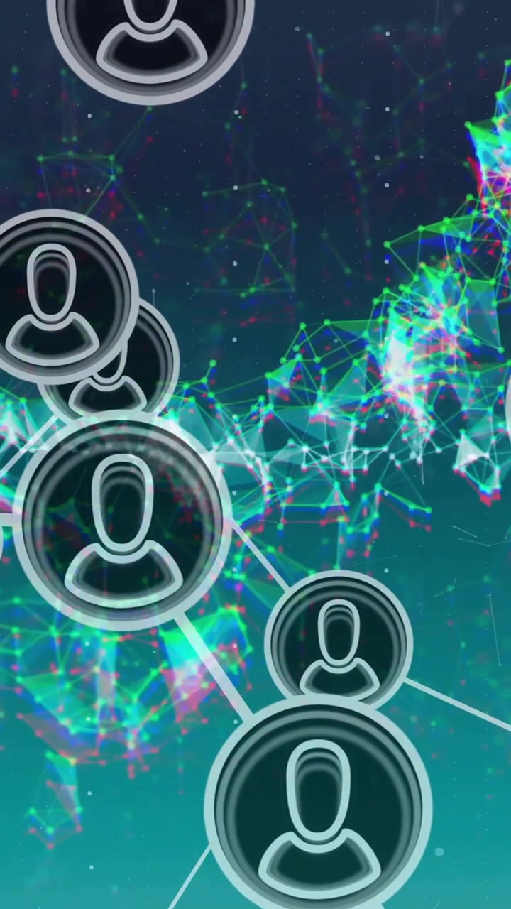 Rete di icone utente connesse e animazione di elaborazione dati su sfondo astratto