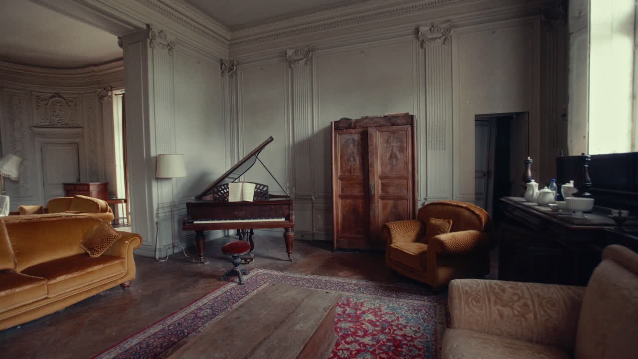 Ornate Living Room with Grand Piano in an Abandoned Historic Mansion
