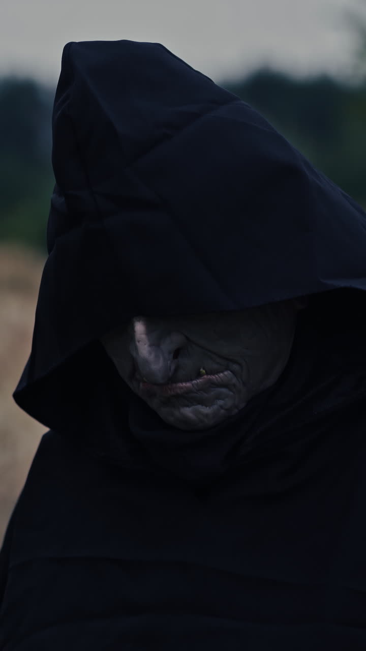 Ghostly figure in field. Ghost in black cloak walking in field Vertical video