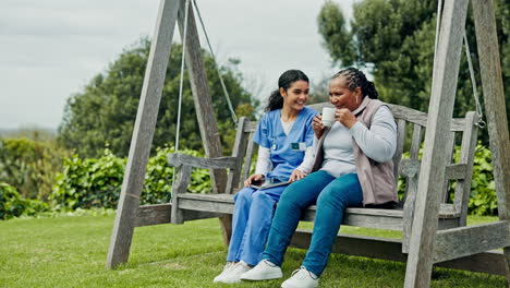 happy woman, nurse and patient with coffee