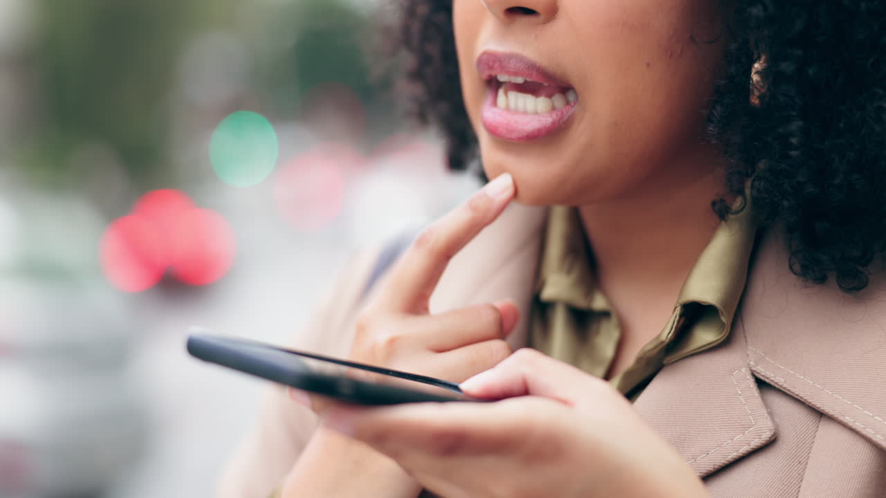 Woman, hands and phone call on speaker in city