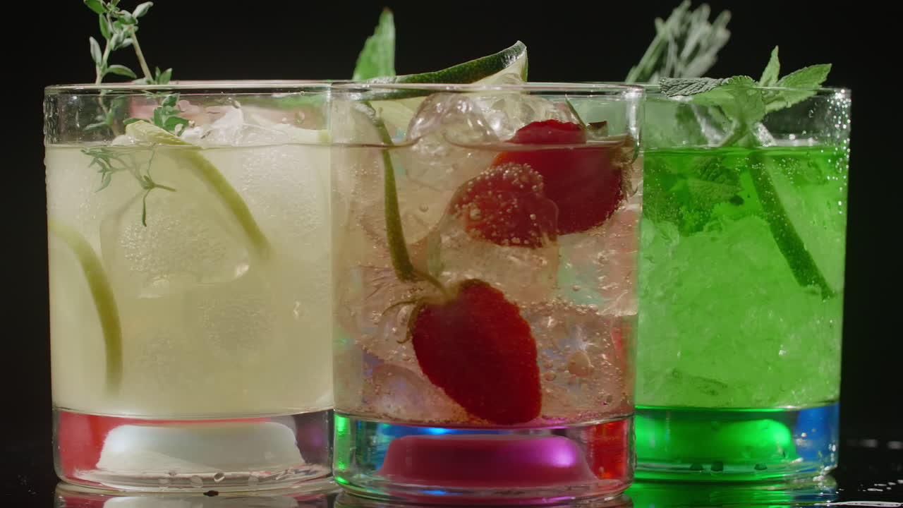 Colorful Cocktails with Ice and Fruit