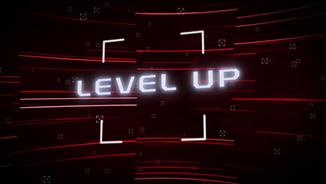 animation of text, level up, in white, with scope and red and pink lines on black background