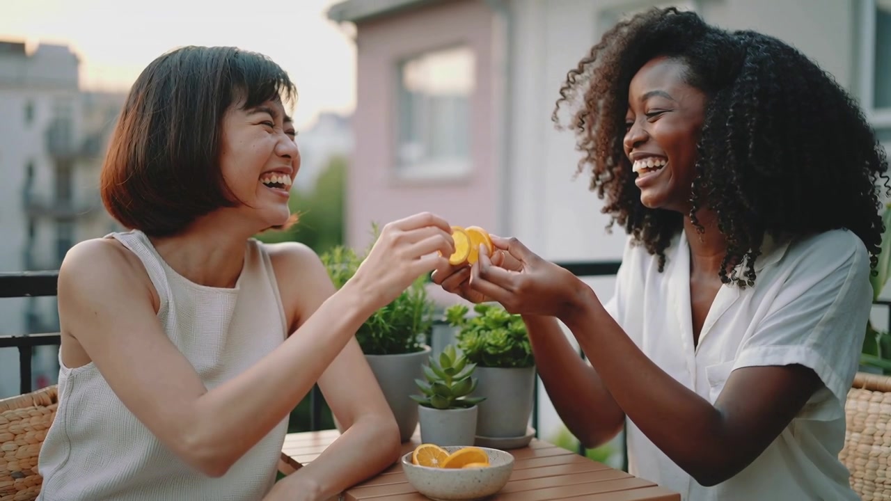 Reaching into bowl, two women in white tops peeling and sharing orange slices on balcony, laughing