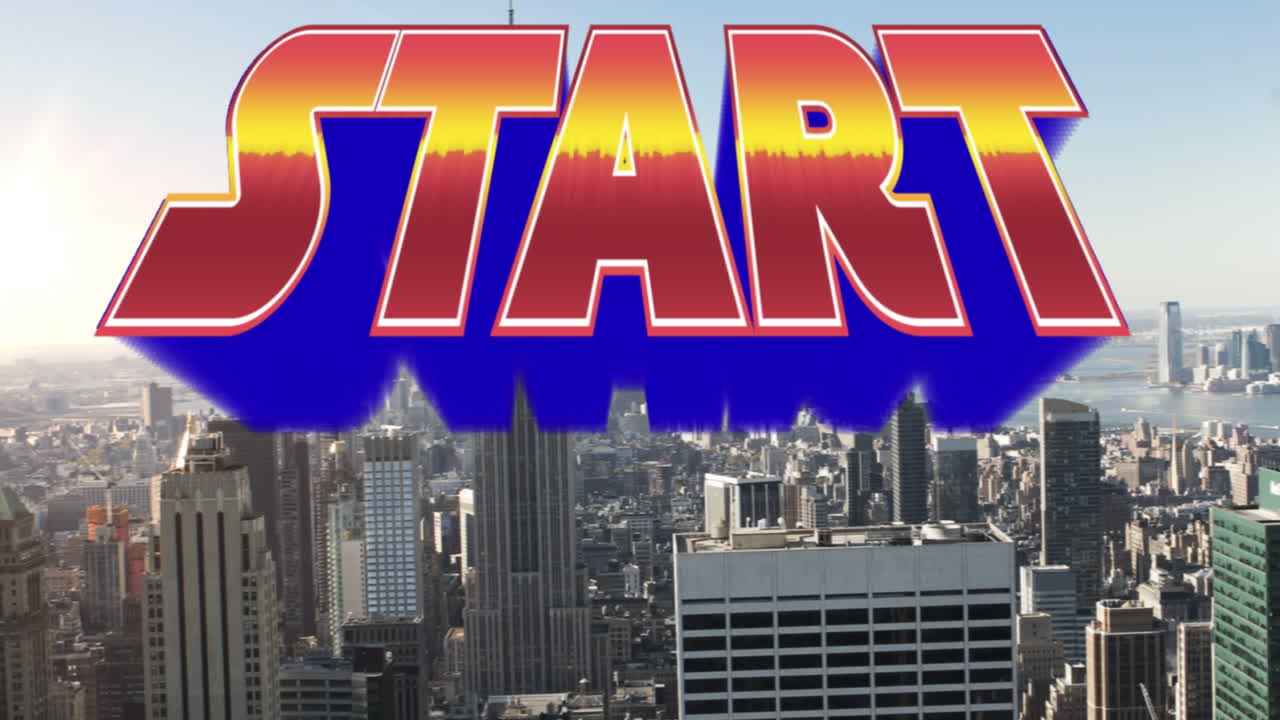 오렌지색 텍스트 시작의 애니메이션, 현대 도시 풍경