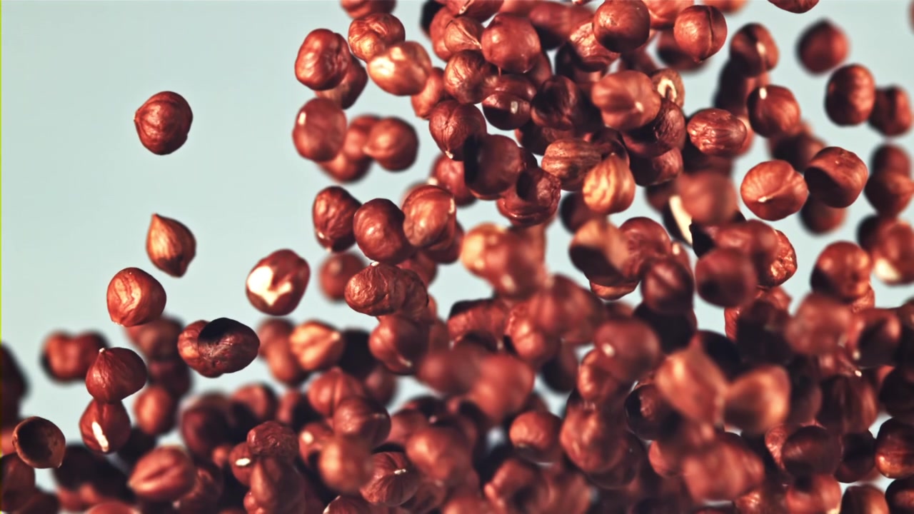 Hazelnuts Falling in Super Slow Motion Against a Light Blue Background
