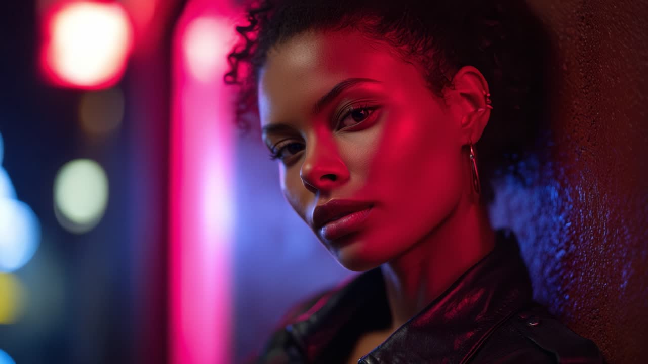 Et intenst portrett av en selvsikker ung kvinne opplyst av levende neonlys mot en mørk bakgrunn, som utstråler stil og urban energi i en fengslende scene.
