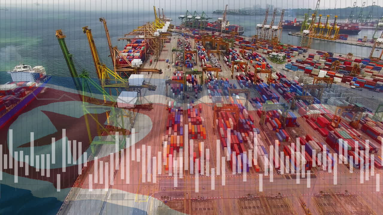 다이어그램의 애니메이션, 데이터 처리 및 항구 위의 북한 발