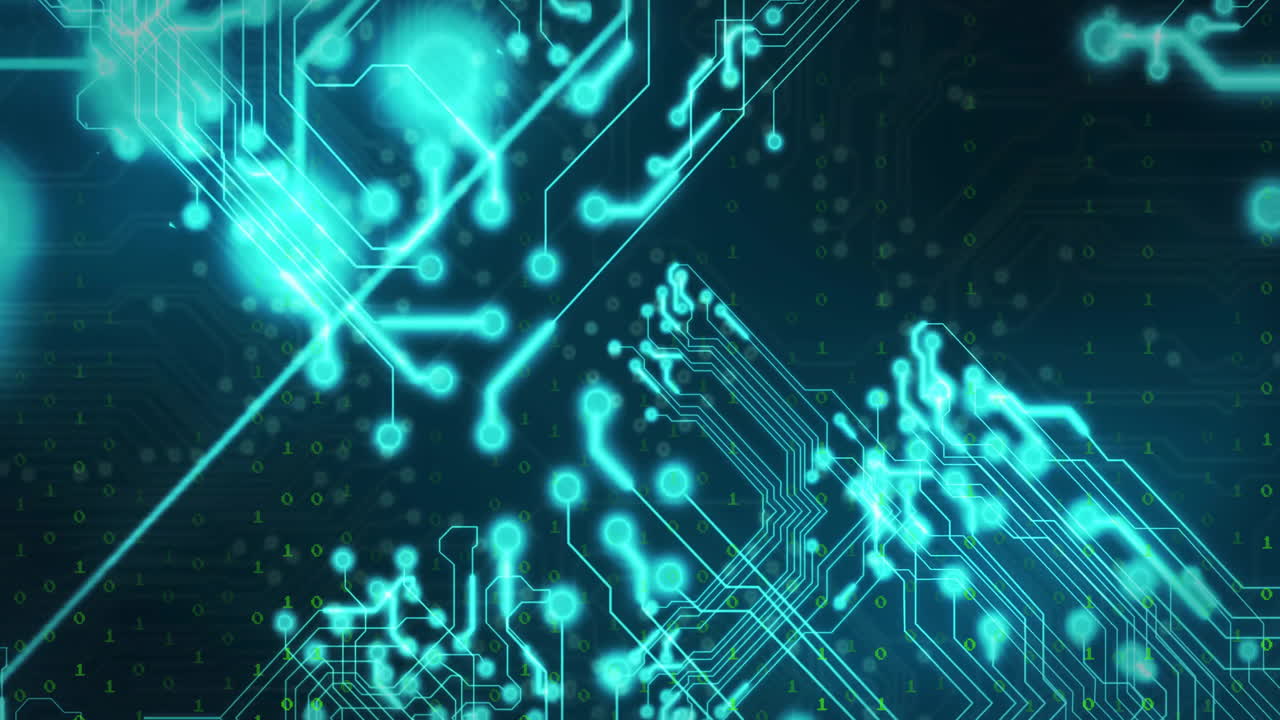 컴퓨터 회로판을 통해 이진 코딩과 디지털 데이터 처리의 애니메이션