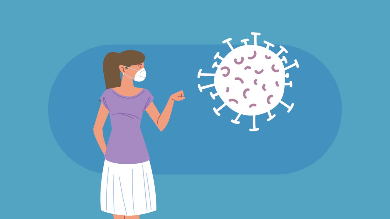mujer con una máscara y gráfico de virus
