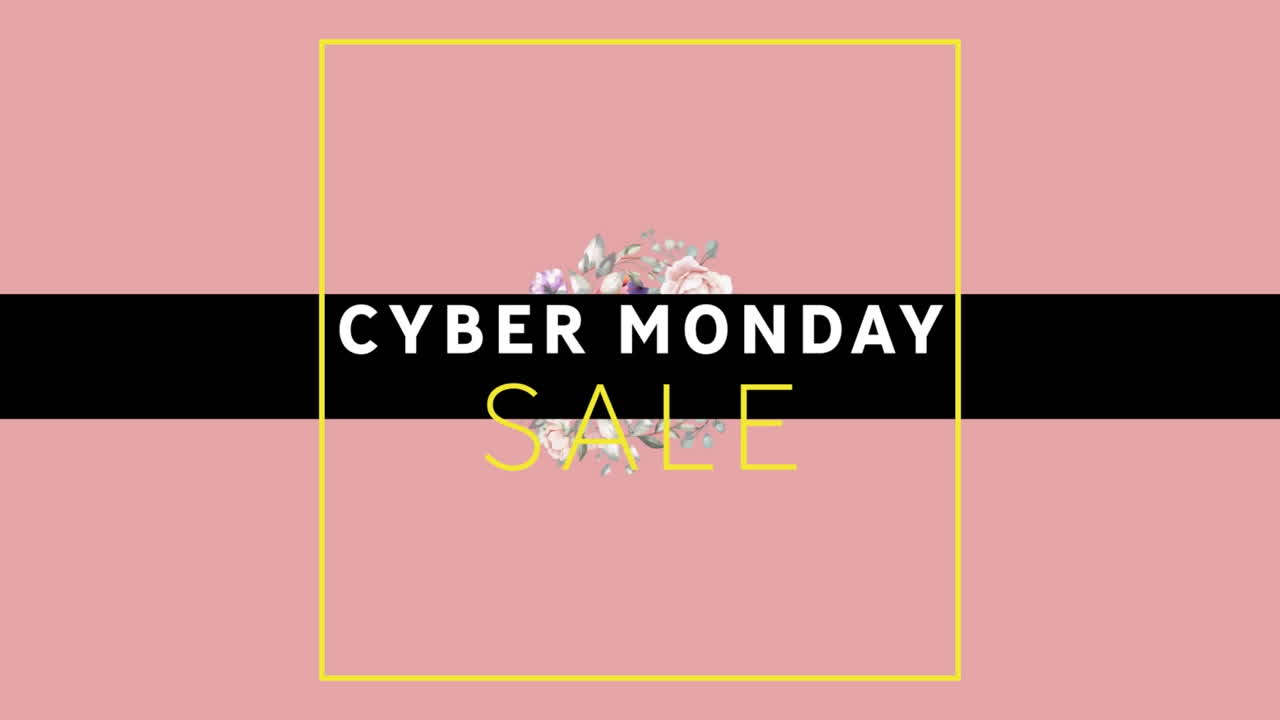 사이버 월요일 텍스트 배너의 디지털 애니메이션이 분홍색 배경에 회전하는 꽃 디자인에 맞춰져 있습니다.