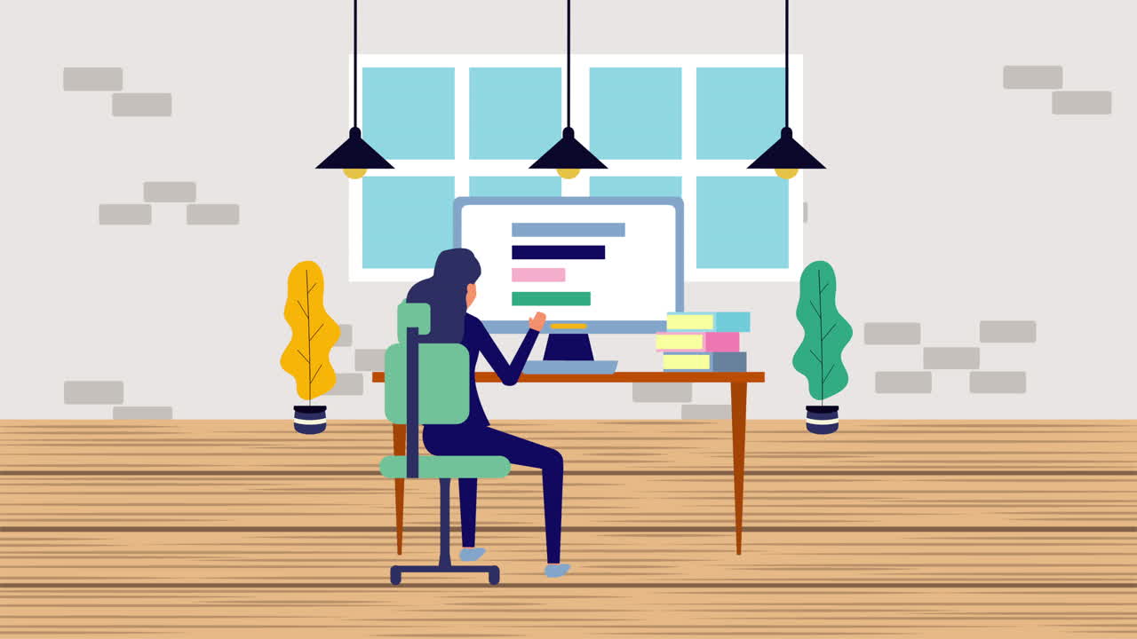 donna d'affari che usa il desktop nell'animazione dell'ufficio