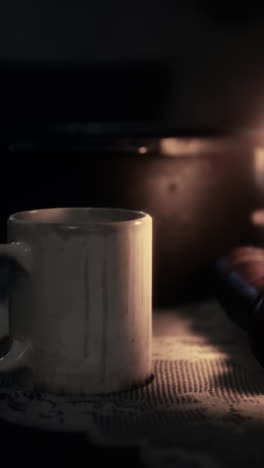 a mug of coffee on a table in a dimly lit room