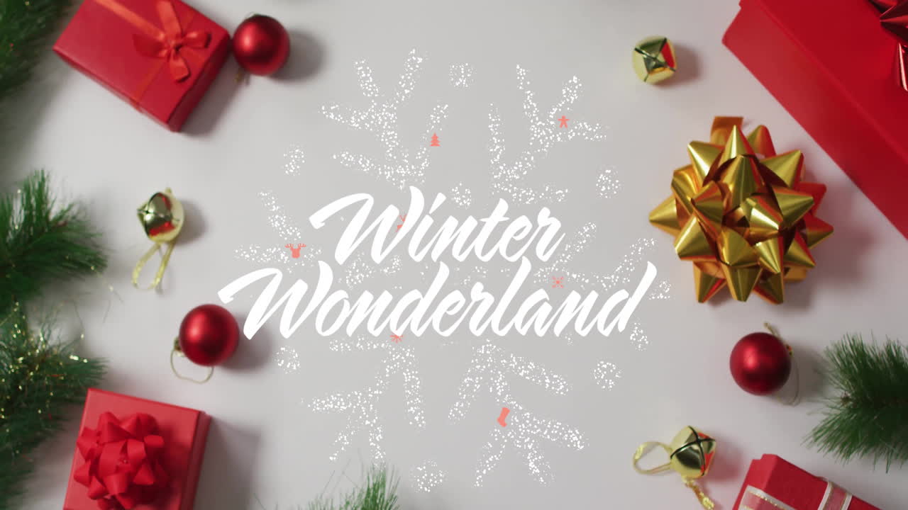 Winter Wonderland text animation over Christmas decorations on white background