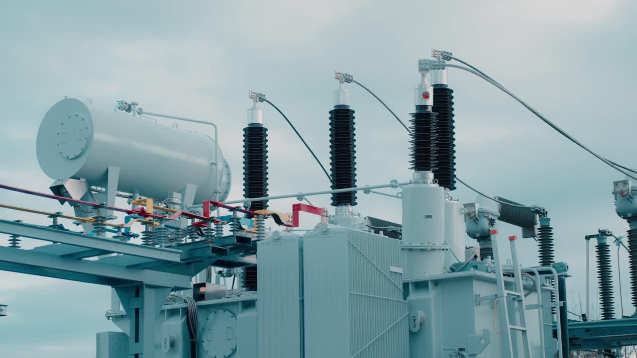 Industrial transformer equipment on a cloudy day, showcasing energy tech