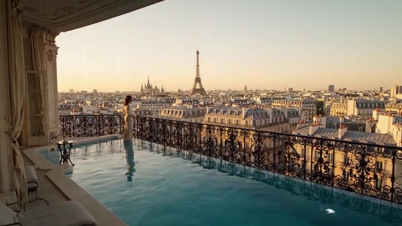 Ritiro Lussuoso al Tramonto Parigino: Viste Serene a Bordo Piscina da un Sontuoso Appartamento con Affaccio sull'Iconico Paesaggio Urbano, con Eleganza e Comfort Elevati