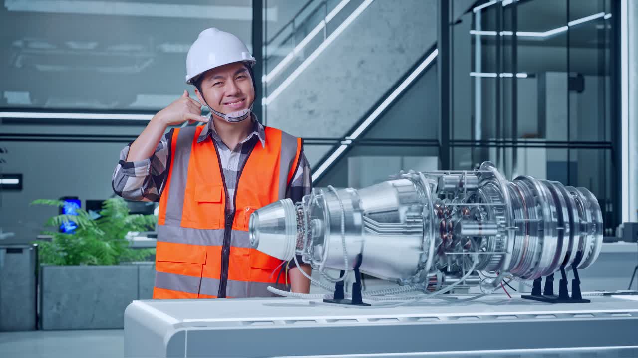Engineer gesturing call near jet engine prototype in modern laboratory