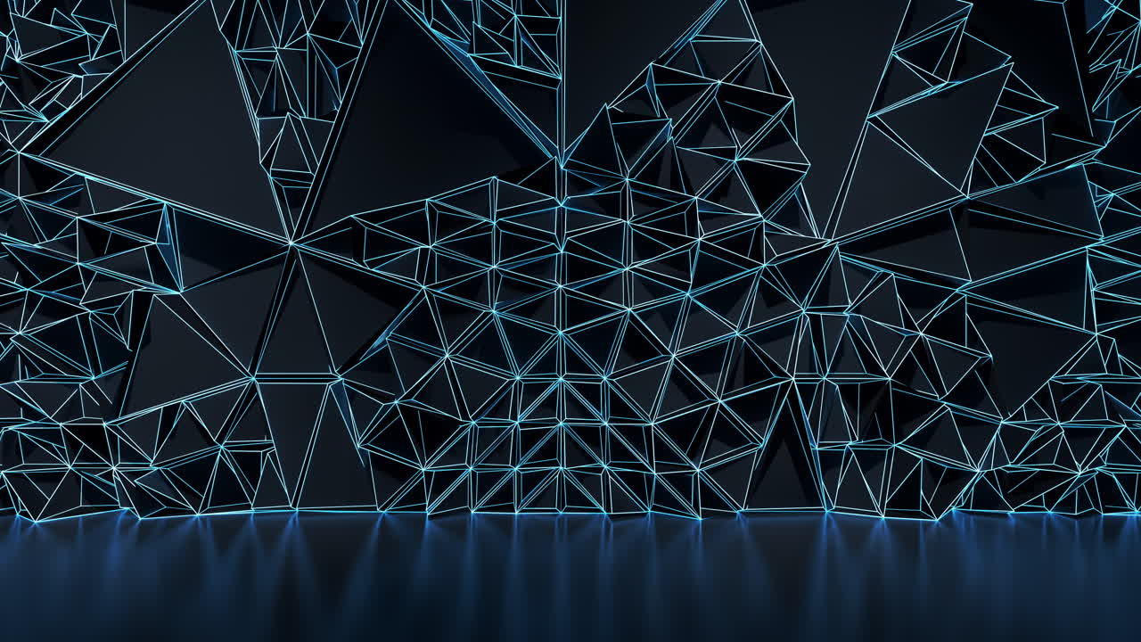 Loop animation of neon triangle lines with dark background, 3d rendering.