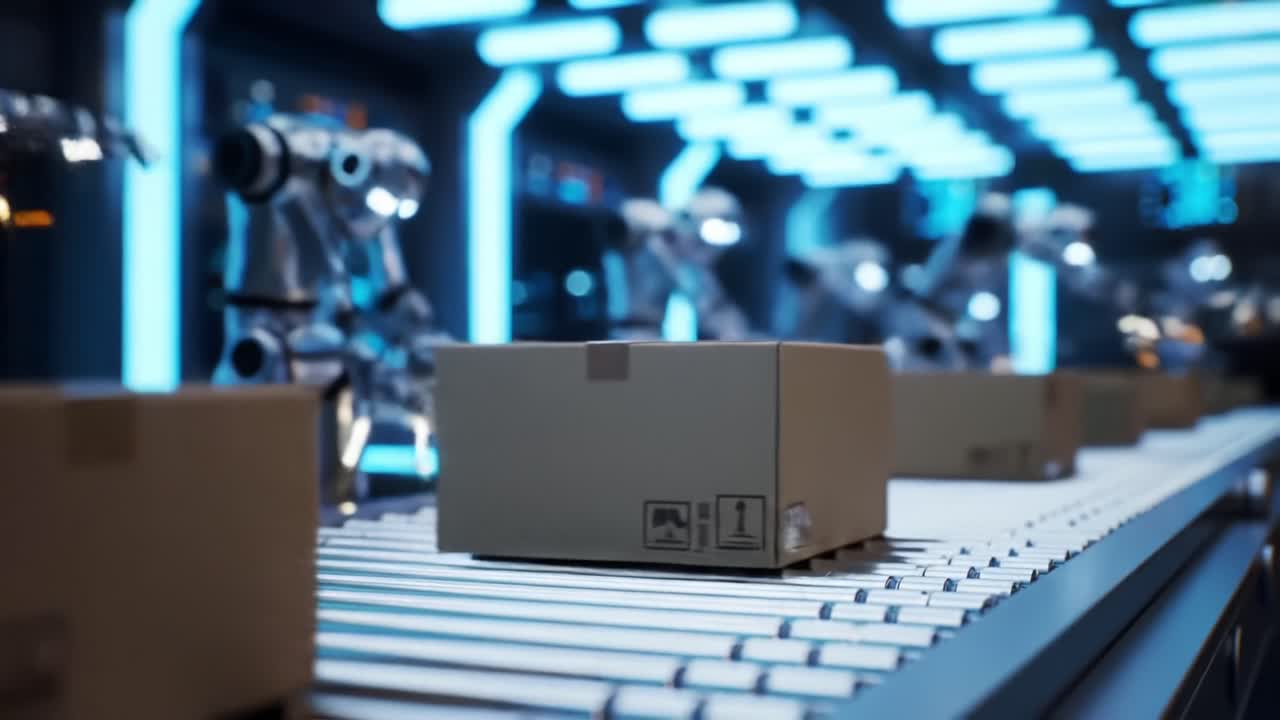 High-Tech Robotics in Automated Packaging: A Futuristic Factory Scene Featuring Advanced Robots Working on a Conveyor System with Boxes Ready for Distribution