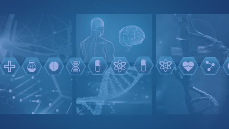 animación de datos científicos y biológicos en pantallas digitales azules