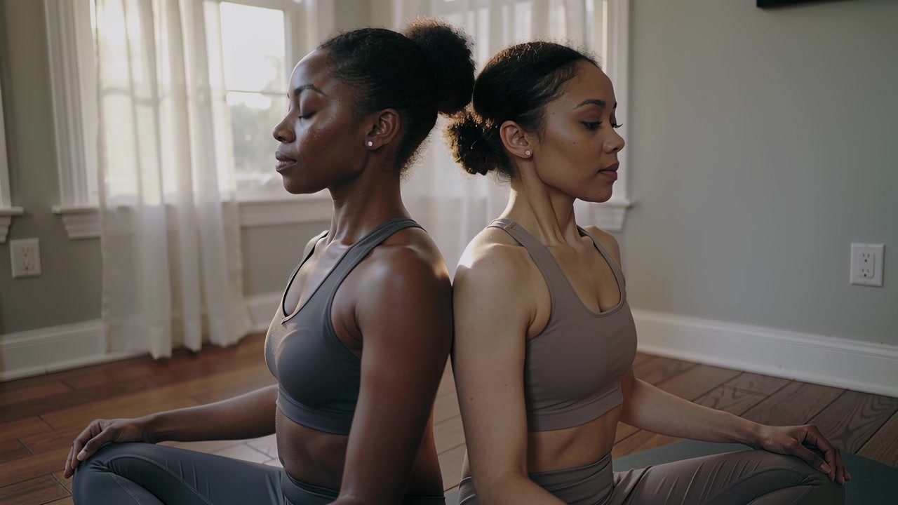 Meditating by soft window light two women sitting back-to-back at home wearing activewear for calm