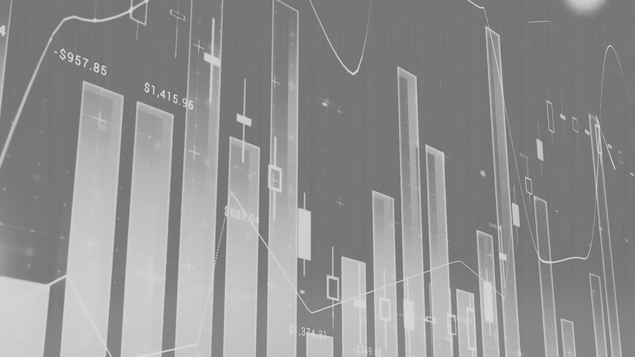 Animation of statistics and data processing on grey background