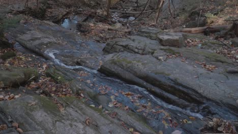 Agua-Que-Fluye-A-Través-De-Rocas-Y-Hojas-De-Otoño-En-Wissahickon