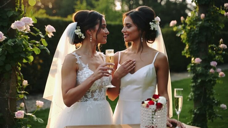 Golden light drawing two brides in wedding gowns lifting flute, exchanging gaze in garden with cake