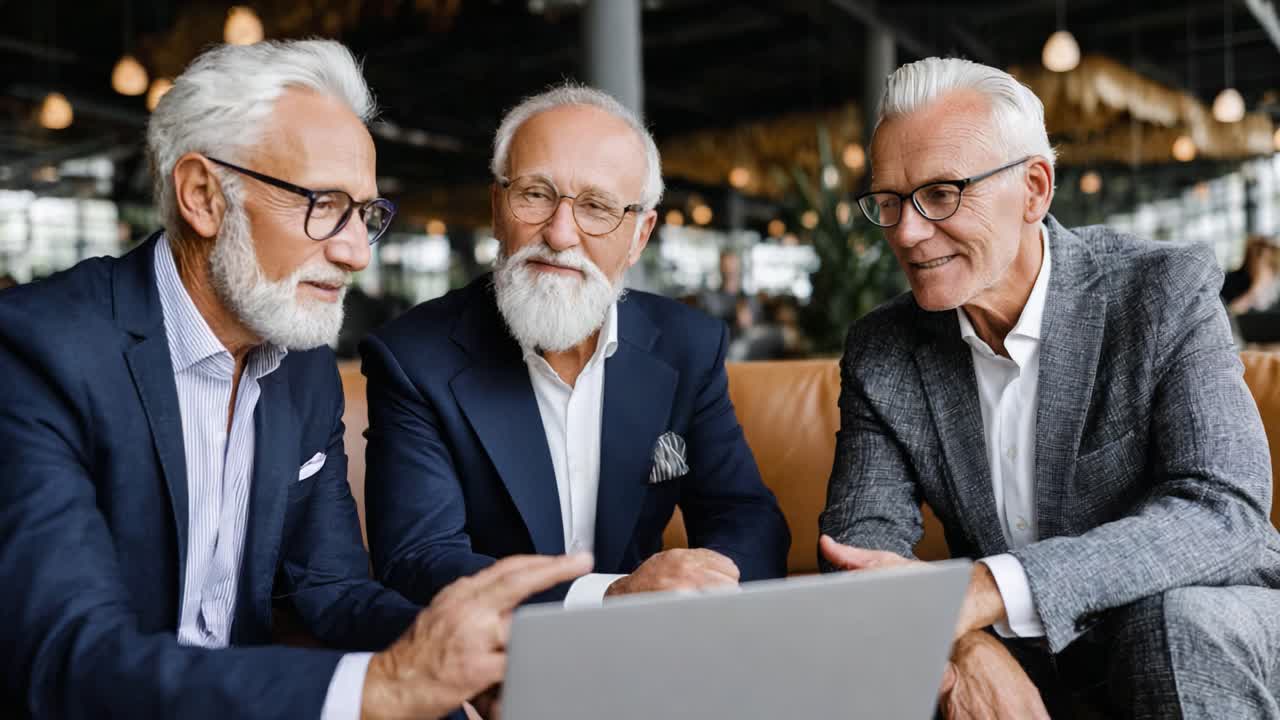 Three Distinguished Gentlemen Engaged in Lively Discussion Over a Laptop in a Stylish and Modern Setting, Sharing Insights and Ideas Together