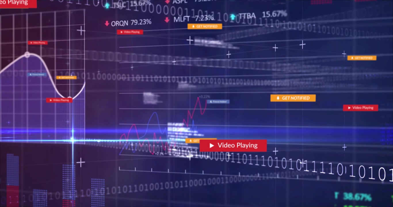 Futuristic digital interface streaming neon light beams and binary data with floating UI pop?ups