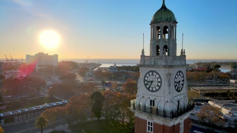 Clock-tower-top-view-at-sunrise-over-Plaza-Fuerza-Aérea-Argentina