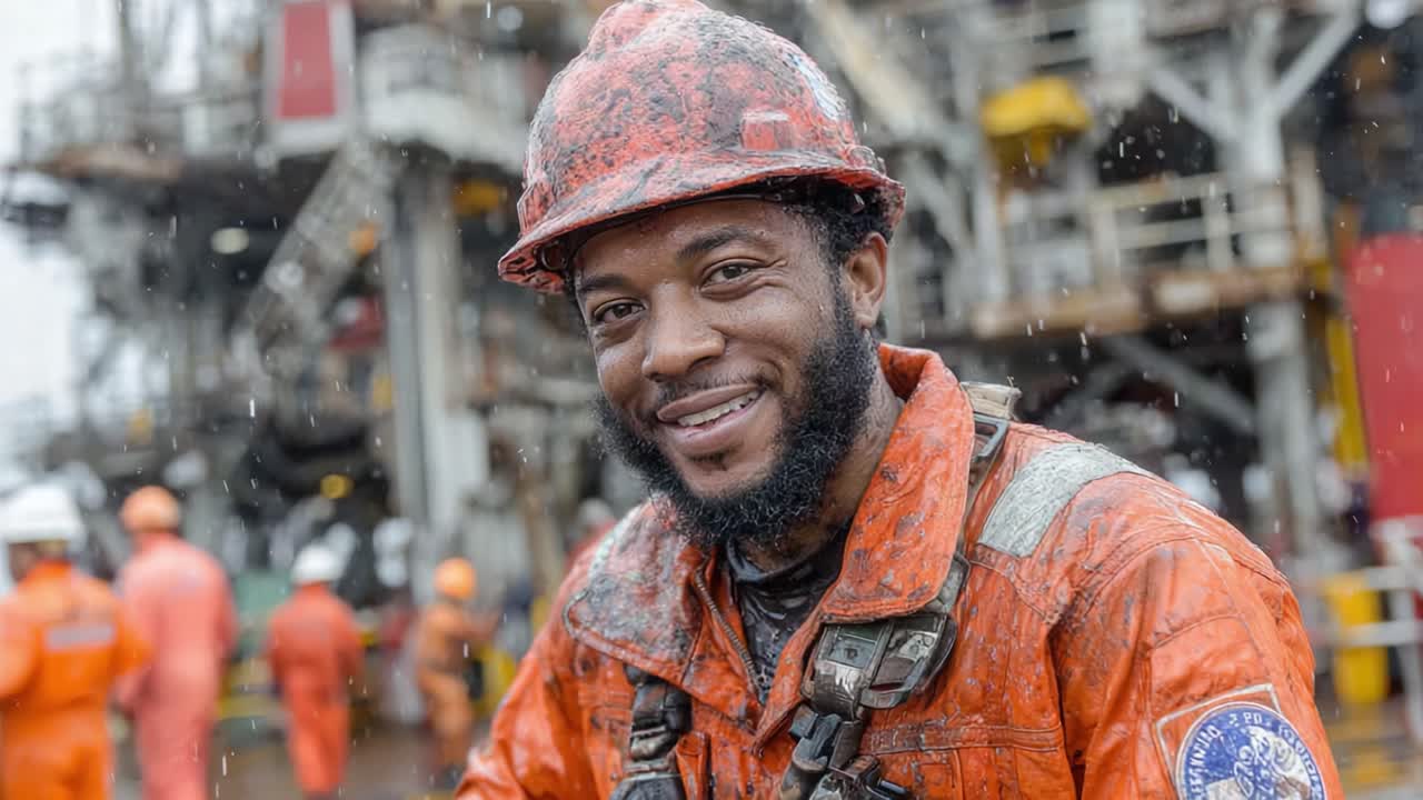 A resilient offshore worker smiles confidently amidst harsh weather conditions on an oil rig, showcasing dedication and camaraderie within the challenging environment of the energy sector