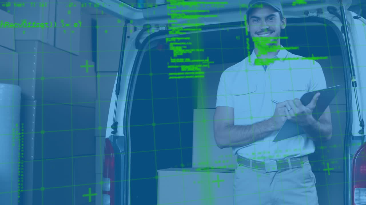 procesamiento de datos contra el repartidor caucásico con el clipboard comprobando el stock en la furgoneta