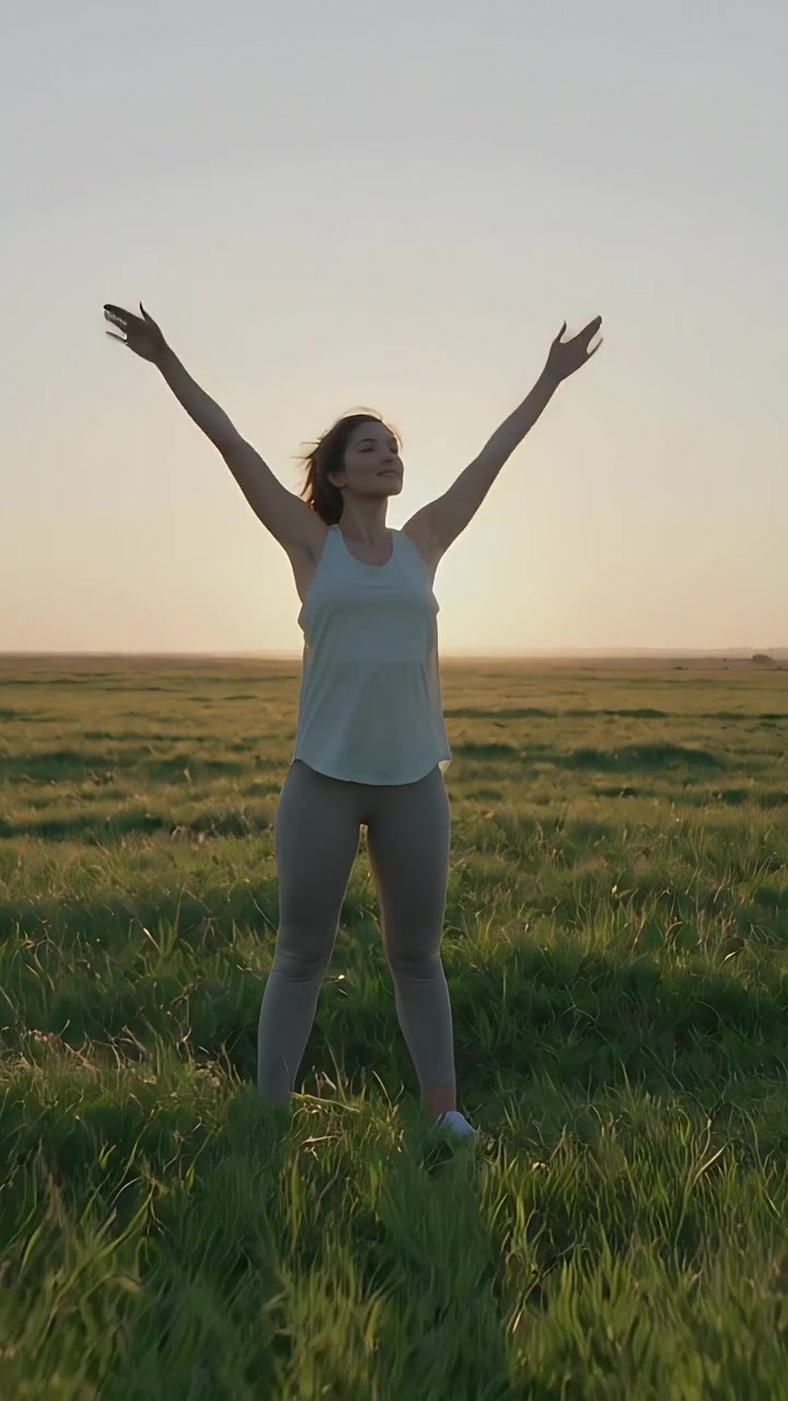 Video vertical: Mujer inhalando haciendo estiramientos, levantando los brazos por encima de la cabeza en un campo al atardecer, en camiseta de tirantes