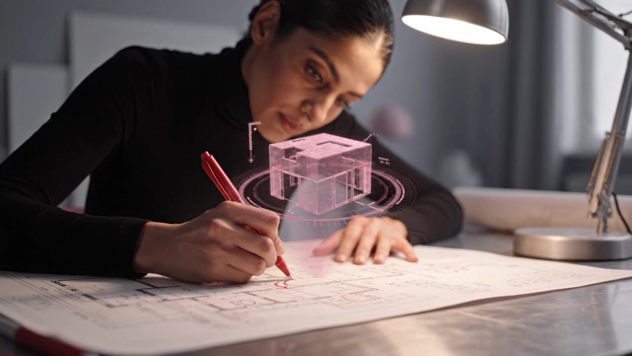 Innovative Architect Sketching Detailed Plans and Visualizing 3D Models with Advanced Technology in a Modern Workspace
