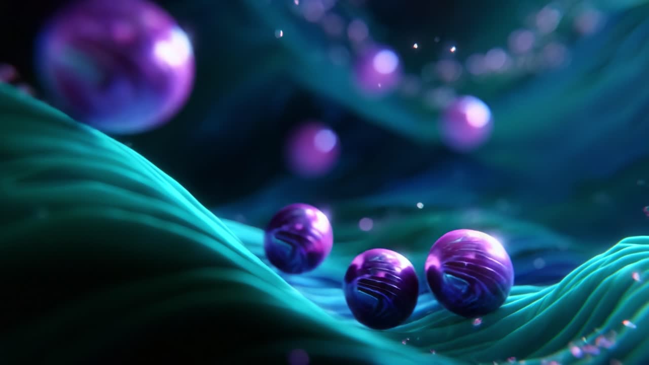 An Abstract Exploration of Vibrant Spheres Floating Gracefully Through a Luminescent Wave, Capturing the Beauty of Color and Motion in a Dreamlike Universe