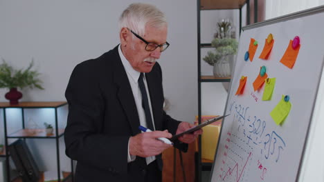hombre de negocios senior haciendo notas a bordo con pegatinas analizando infografías usar computadora portátil