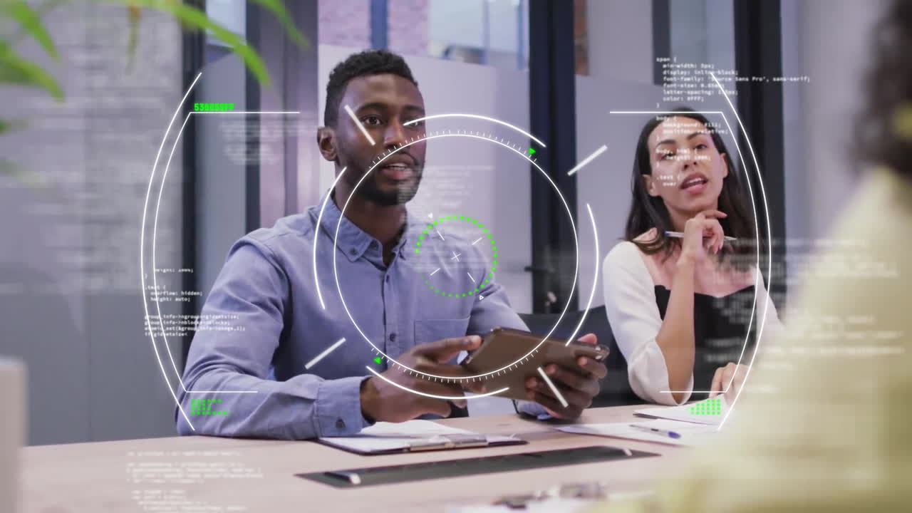 Animation of circles and computer language over diverse entrepreneurs discussing and shaking hands